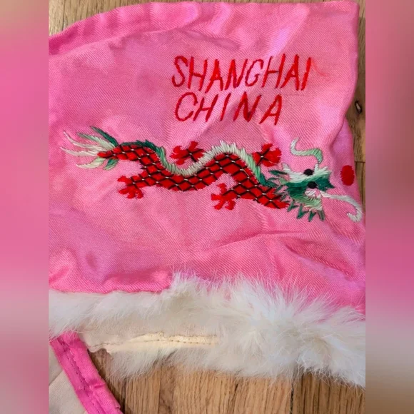 RARE Child Shanghai Embroidered Robe Cape Vintage Satin Dragon Fur Trim Pink - Picture 10 of 16